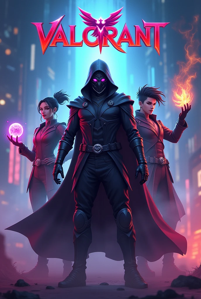 A vibrant and eye-catching thumbnail for a "Valorant" YouTube live stream, featuring popular agents from the game. At the center of the thumbnail is Omen, the mysterious and shadowy agent, with his iconic mask and dark cloak. He is surrounded by a dramatic mist, emphasizing his stealthy nature. Flanking Omen on either side are other popular Valorant agents, such as Jett with her sharp blades and wind-swept hair, Phoenix with his fiery abilities glowing in his hand, and Sage with a glowing healing orb. The background showcases a mix of futuristic cityscapes and neon-lit arenas, adding a sense of action and intensity. The "Valorant" logo is prominently displayed at the top of the thumbnail in bold, eye-catching text. The overall composition is dynamic and colorful, capturing the high-energy and tactical gameplay of Valorant, enticing viewers to join the live stream.