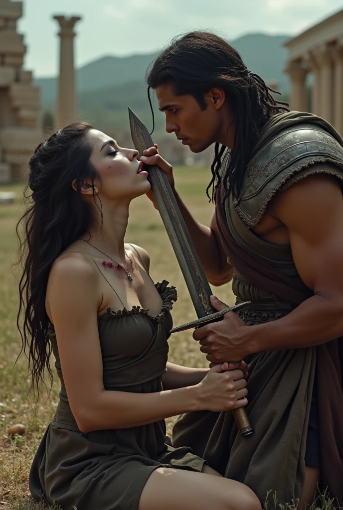 Realism, super quality, action photography style, a defeated woman kneels, her son (12 years) holds the tip of a sword to a woman&#39;s throat, knife stab in the throat, Her head is thrown back strongly.., the woman has a large manly Adam&#39;s apple, (woman - 30 year old warrior, throat slit, gothic makeup, pale skin, long hair) (son is ) ancient greece battle
