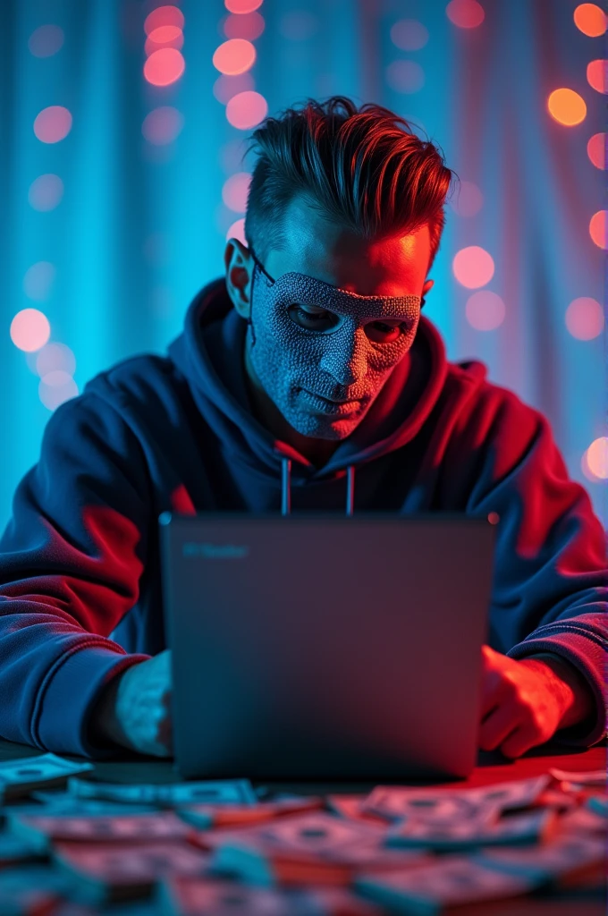 I want an image with the following characteristics,a trader with slicked back faded hair,light brown hair color,with sweatshirt outfit with mixed color details,the trader has to be looking with a fixed gaze at the PC screen but he has a hair-raising mask,this PC has to have lots of blue and pink and red orange lights,On the PC screen there must be a clearly visible name FT trader on the side of the table there are many dollar bills