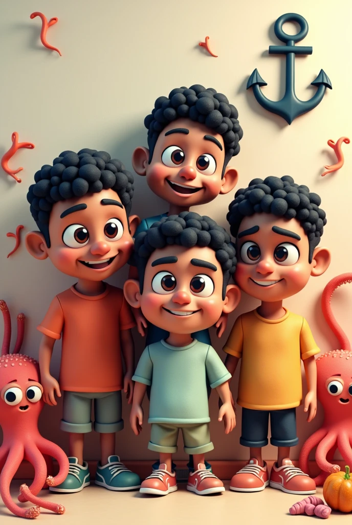 4 man , Mexican dark complexion short black and curly hair, and brown eyes, In the background there is an octopus next to him and on the wall there is an anchor hanging , 3d cartoon style , highly detailed facial features, Coloring Book Art, no background, ready to be colored, youtube avatar format type