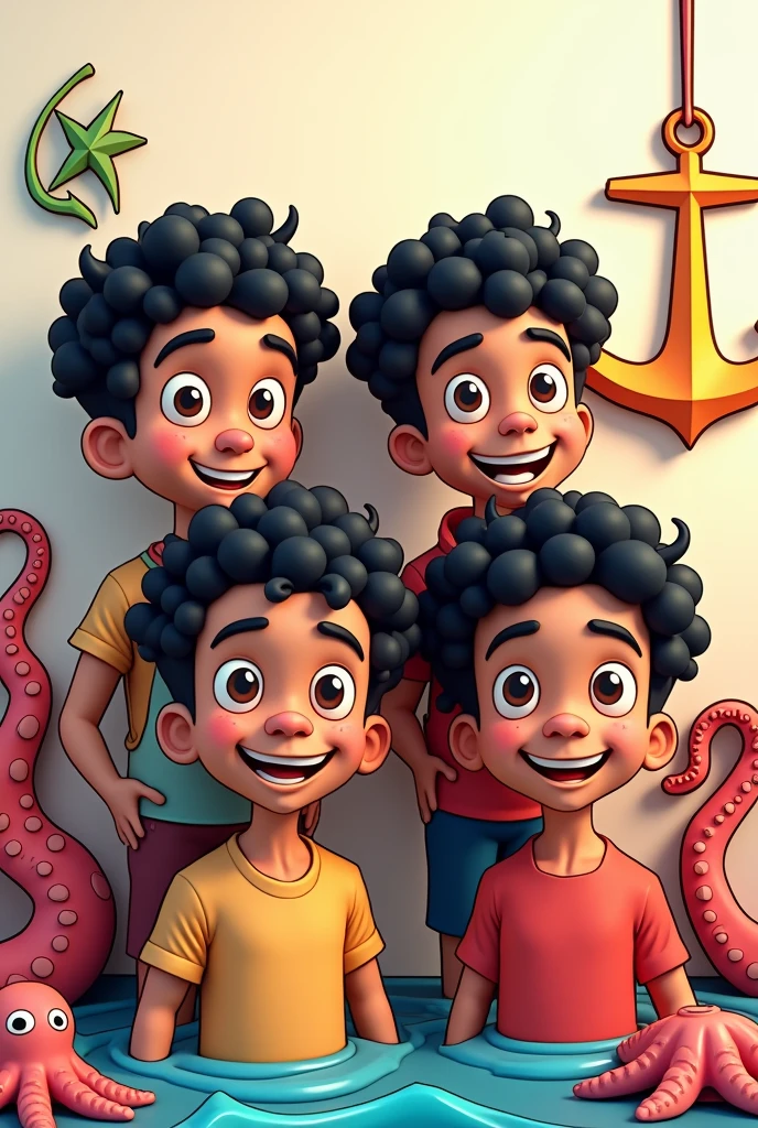 4 man , Mexican dark complexion short black and curly hair, and brown eyes, In the background there is an octopus next to him and on the wall there is an anchor hanging , 3d cartoon style , highly detailed facial features, Coloring Book Art, no background, ready to be colored, youtube avatar format type