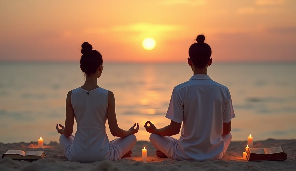 2 Asian person sitting facing the sea, meditating as the sun begins to rise over the horizon. A holy book rests beside her, and small lit candles are arranged in the sand around, Illuminating the scenery with a soft light.