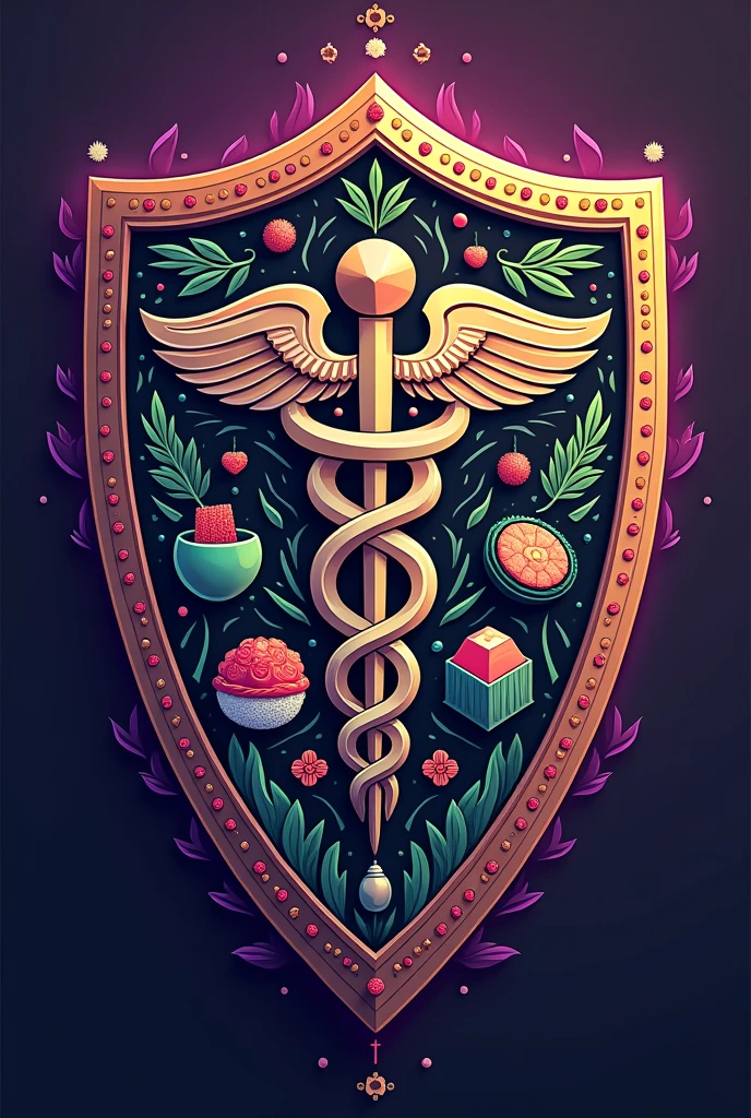 Shield with the colors purple, black, green, red, blue, grey, with the main topic of nursing chool and adding the topics of cooking, crochet, futbol, money, hanging out and sushi