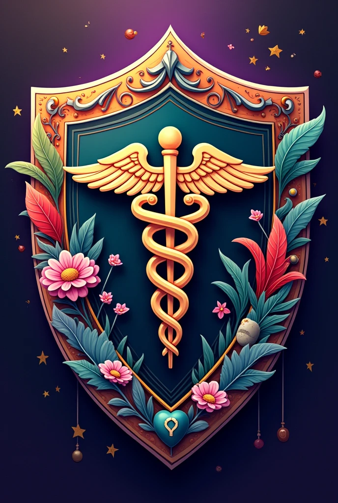 Shield with the colors purple, black, green, red, blue, grey, with the main topic of nursing chool and adding the topics of cooking, crochet, futbol, money, hanging out and sushi
