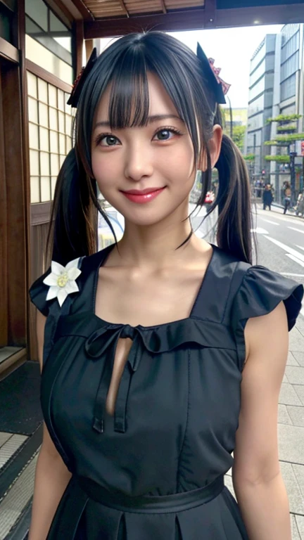 (Realistic:1.3), In detail, quality, Rembrandt Lighting, (Tabletop:1.2), (Realistic:1.2), (最高quality), (Detailed skin:1.3), (Complex詳細), dramatic, Ray Tracing, One Girl, Japanese girl, 、Big eyes、smile, Twin tails, Twin Loop Hair, Parted bangs, 2, Big ample breasts, Gothic Fashion、Short dress, Frills, race, ribbon, Complex, (in Tokyo street, Harajuku, sunny day), Browsing Caution,