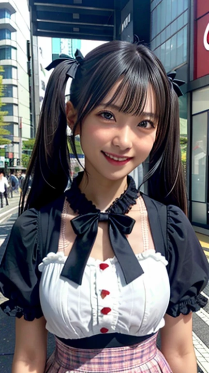 (Realistic:1.3), In detail, quality, Rembrandt Lighting, (Tabletop:1.2), (Realistic:1.2), (最高quality), (Detailed skin:1.3), (Complex詳細), dramatic, Ray Tracing, One Girl, Japanese girl, 、Big eyes、smile, Twin tails, Twin Loop Hair, Parted bangs, 2, Big ample breasts, Gothic Fashion、Short dress, Frills, race, ribbon, Complex, (in Tokyo street, Harajuku, sunny day), Browsing Caution,