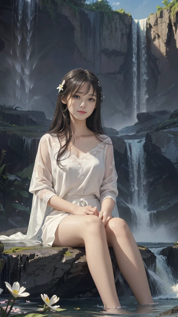 (Surreal), (illustration), (Improve resolution), (8K), (Extremely detailed), (Best illustration), (Beautiful and delicate eyes), (best quality), (Extremely detailed), (masterpiece ), ( wallpaper), (Delicate face), Solitary, 1 girl, Looking at the audience, Fine details, in the darkness, Deep Shadows, Low profile, Purebred face_v1, Smile, Black straight hair, White shawl, Side bangs，There are many colorful flowers in the background，Elegant Posture, Get wet under the waterfall, The waterfall falls on her
