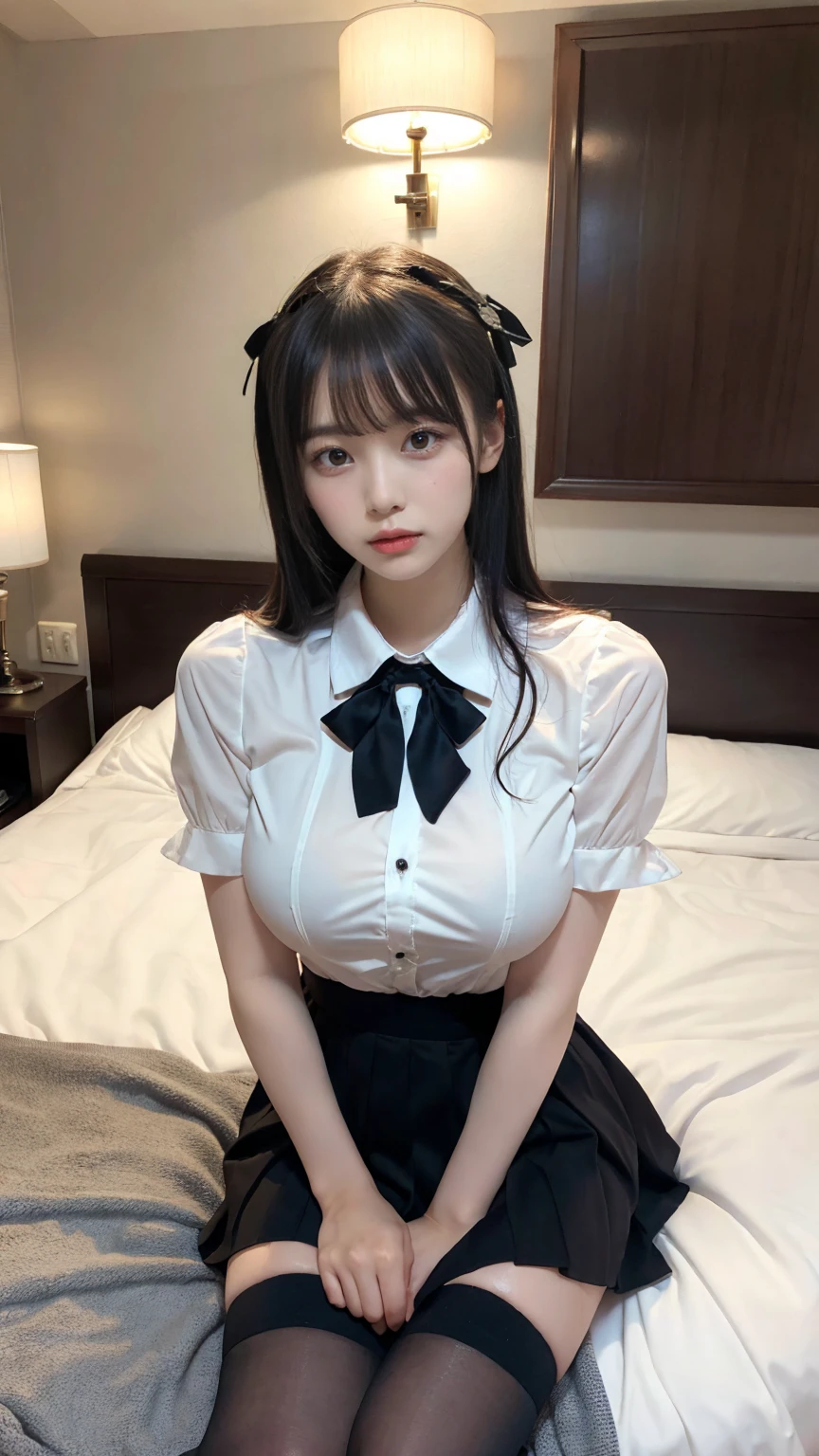 muste piece, best quality, illustration, Super detailed, fine details, High resolution, 8K,wall paper, perfect dynamic composition,(Details High quality, realistic depiction of eyes:1.3), (collared shirt:1.1), pleated skirt, knee high socks, large breasts, black hair color, Big Natural Color Lip, bold sexy pose, (perfect body shape), crying a little、cold gaze, Harajuku style、20 year old girl、cute type、lolita、beautiful legs, hotel room, hposing Gravure Idol, Voluptuous thighs