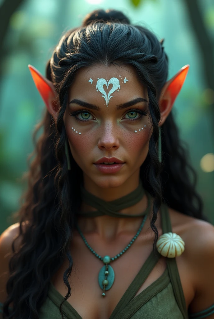 Create a avatar metkayina Na'vi. She has long dark brown curly hair, and her white freckles create a heart on her forehead. Her hair is half up, in two braids with a seashell on her longer braid