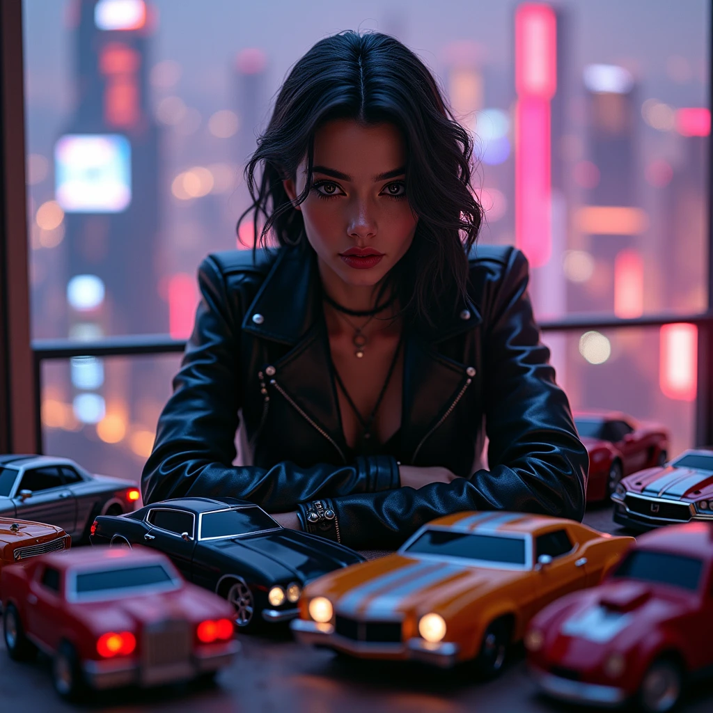 toy cars. with a black leather jacket looking at the viewer.1.4,on a deep balcony,cyberpunk city in the distance,cyberpunk colors,neon,High Definition,8k,masterpiece,(Best Quality,4k,8k,High resolution,masterpiece:1.2),ultra detailed,(realist,photorealist,fotorrealista:1.37),beautiful detailed eyes,beautiful detailed lips,extremely detailed eyes and face,long eyelashes,cinematic lighting,cinematographic composition,dramatic lighting,dynamic composition.worse quality, low quality,