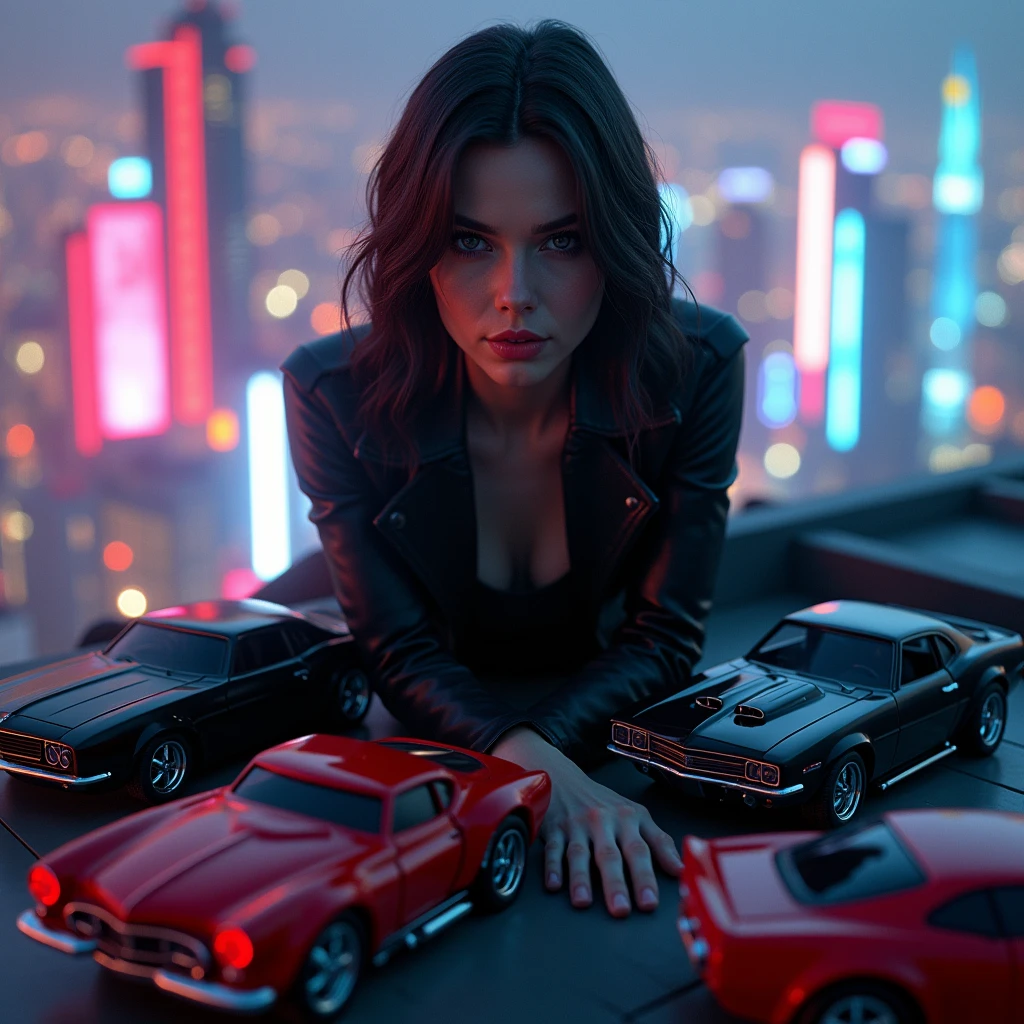 toy cars. with a black leather jacket looking at the viewer.1.4,on a deep balcony,cyberpunk city in the distance,cyberpunk colors,neon,High Definition,8k,masterpiece,(Best Quality,4k,8k,High resolution,masterpiece:1.2),ultra detailed,(realist,photorealist,fotorrealista:1.37),beautiful detailed eyes,beautiful detailed lips,extremely detailed eyes and face,long eyelashes,cinematic lighting,cinematographic composition,dramatic lighting,dynamic composition.worse quality, low quality,