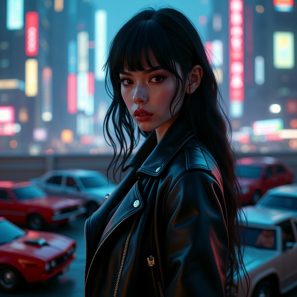 toy cars. with a black leather jacket looking at the viewer.1.4,on a deep balcony,cyberpunk city in the distance,cyberpunk colors,neon,High Definition,8k,masterpiece,(Best Quality,4k,8k,High resolution,masterpiece:1.2),ultra detailed,(realist,photorealist,fotorrealista:1.37),beautiful detailed eyes,beautiful detailed lips,extremely detailed eyes and face,long eyelashes,cinematic lighting,cinematographic composition,dramatic lighting,dynamic composition.worse quality, low quality,