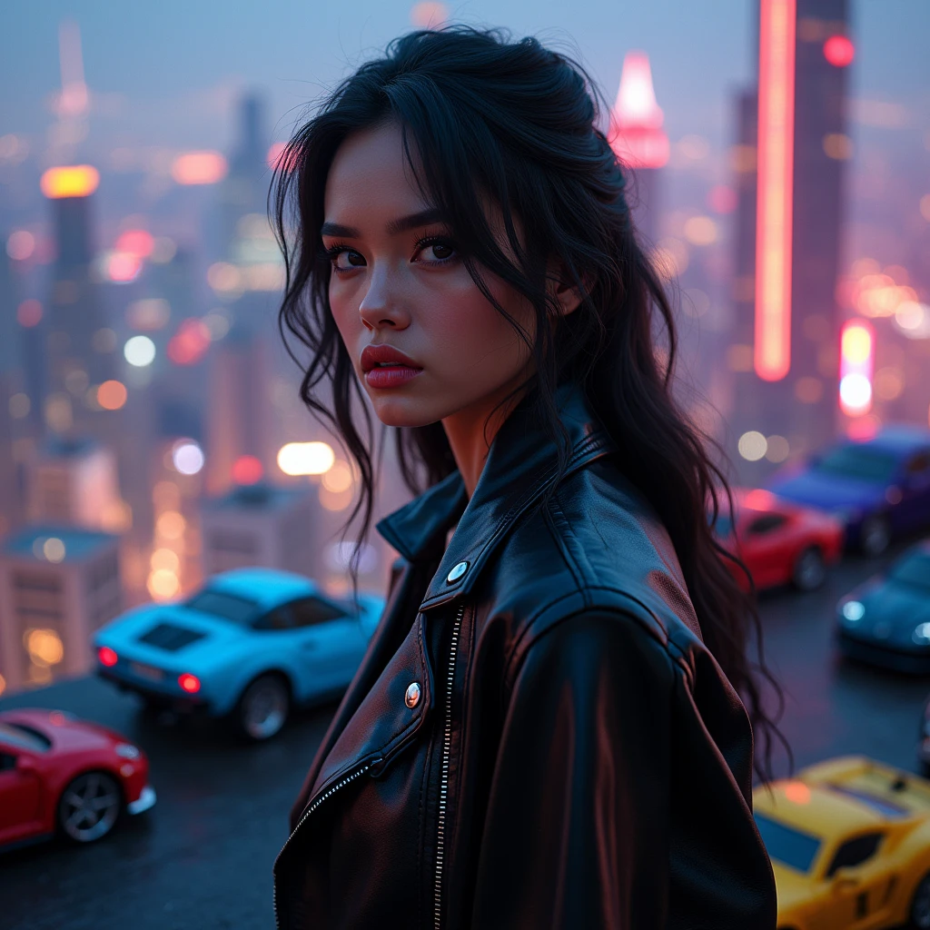 toy cars. with a black leather jacket looking at the viewer.1.4,on a deep balcony,cyberpunk city in the distance,cyberpunk colors,neon,High Definition,8k,masterpiece,(Best Quality,4k,8k,High resolution,masterpiece:1.2),ultra detailed,(realist,photorealist,fotorrealista:1.37),beautiful detailed eyes,beautiful detailed lips,extremely detailed eyes and face,long eyelashes,cinematic lighting,cinematographic composition,dramatic lighting,dynamic composition.worse quality, low quality,