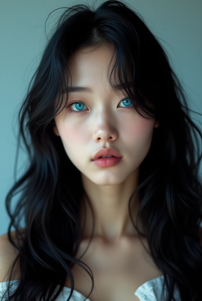 Korean blue eyes, with angelic face, long black hair, with rock style and perfect body, photo from realia