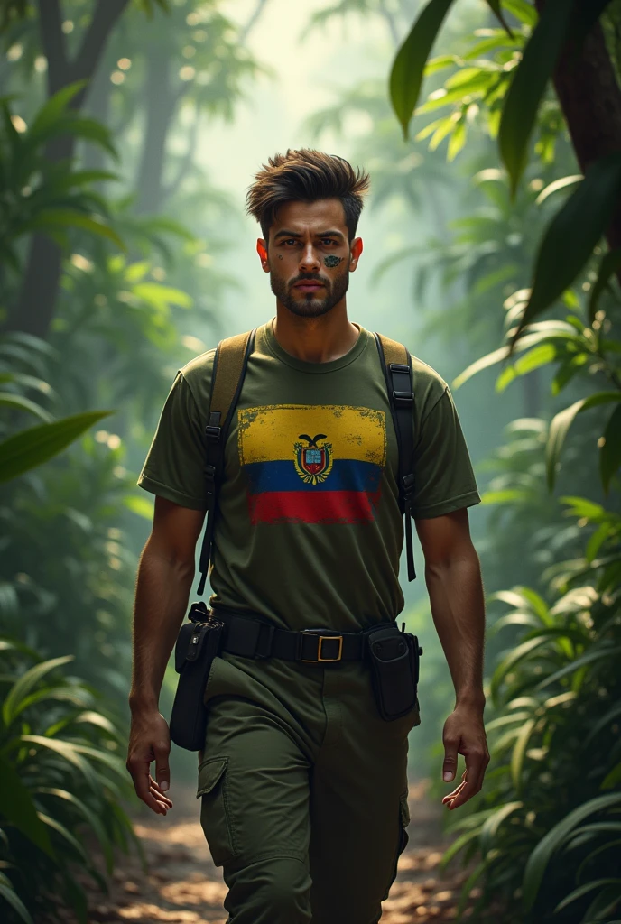 A young man from the university with a good physique and a military collar on his face and with military knowledge walking .
and the flag of Ecuador in the middle of his shirt and an Amazon jungle in the background