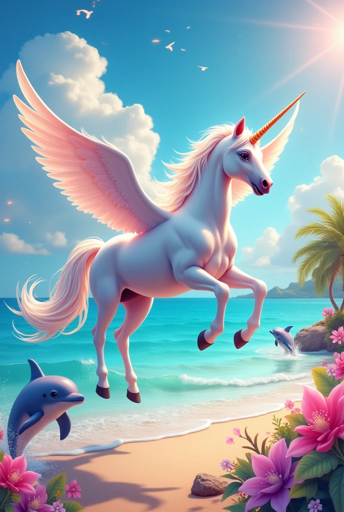 Unicorn with wings inside the beach flying and with dolphins with rainbow, very colorful and with candy