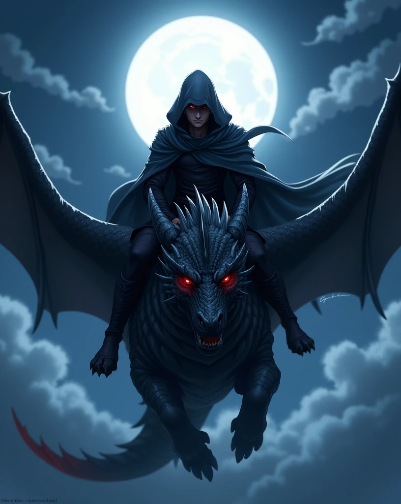 The man in the photo is flying on his dragon with a hood through the night with a crazy look that runs a mysterious red reflection , lembre de colocar uma estética de anime e fazer o corpo dele