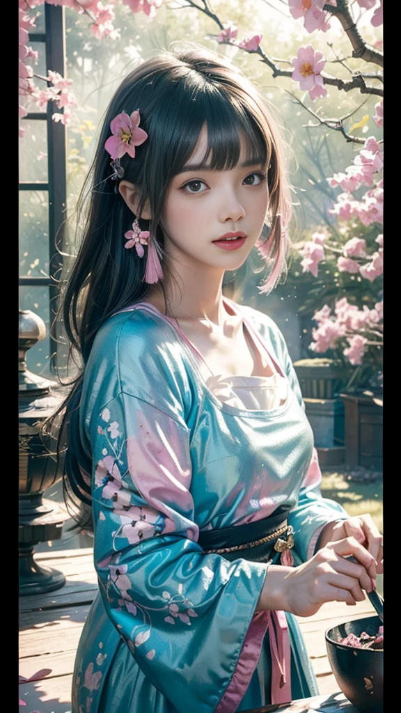 Add to_detail:2,1 Girl,detailed face,Princess,Taoism),flower, Platycodon ,Light pink and light blue style, Dreamy and romantic composition, light pink, ethereal foliage, Interesting arrangement,fantasy, High contrast, 墨迹Brushstrokes, explode, Overexposure, Purple and red tones impression , Abstract, ((John Burkey (John Berkey) and Jeremy Mann (Jeremy Mann) Watercolor )) Brushstrokes, Negative Space，Upper Body
