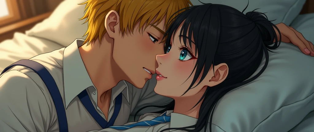 (32K:1.9, Realistic:1.9, Highest quality, masterpiece, Ultra-high resolution), Perfect dynamic composition:1.3, Highly detailed skin and facial textures:1.3, (Cute sexy slim Japanese schoolgirl, height: 155cm), (Slimman, Length 180cm), ((They are both lying in bed。, A man gives a pillow to a woman。:1.3, to kiss:1.4)), Fair skin, ((Clarity:1.1)), (This guy's uniform is amazing:1.3, Bright yellow hair, beautiful目:1.3), (The woman is wearing a uniform with a light blue tie...:1.3, Straight black hair.:1.3, smile:0.9, A man completely charms a woman:0.9, beautiful Blue Eyes, beautiful, Clear Eyes:0.8), Sexy Face:0.4, blush:1.1, (beautifulエロティシズムを醸し出す雰囲気:0.8, Professional random camera work, Cinematic Lighting Effects, romantic, mysterious), (Too erotic), Object of admiration, original, dramatic, artistic, Innovative, charm, Heartful, Fancy, Tilt, sense of loss, special, exciting, Extreme, sense of openness, joy, joyの表現, ((若さのcharm, 女性的なcharm))