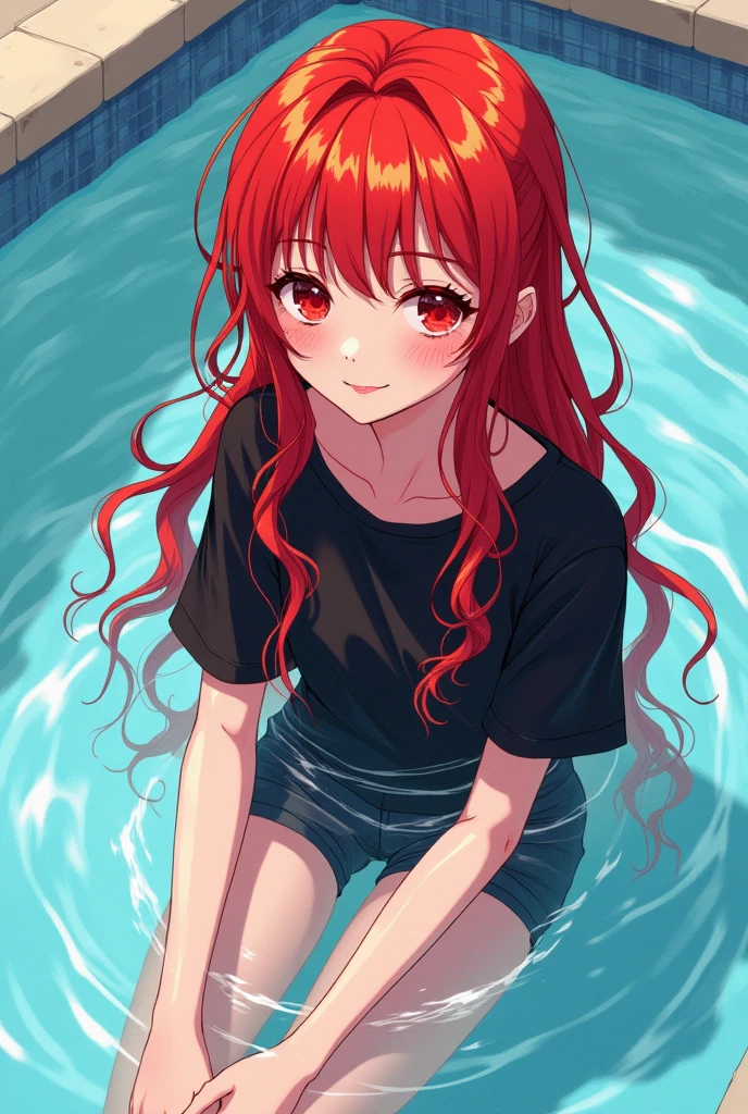(masterpiece, Best Quality, High resolution: 1.4), detailed, intricate details, 4k, touch of color, Line art, Fibonacci. detail. adolescente slim, young girl, long red hair, Waist length hair, Red eyes, smooth skin, White skin, slim, smiling, gentle. detail vestida con playera negra larga de rock y short. in pool
