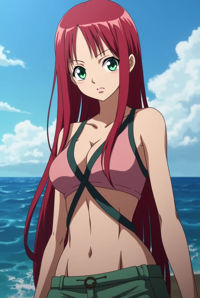 one piece screenshot, 1 woman, green and slanted eyes, with long eyelashes, thin face and white skin, small nose, pink lips, by the wide, straight red, with a good body, In the background is the sea with a serious expression, one piece animation style