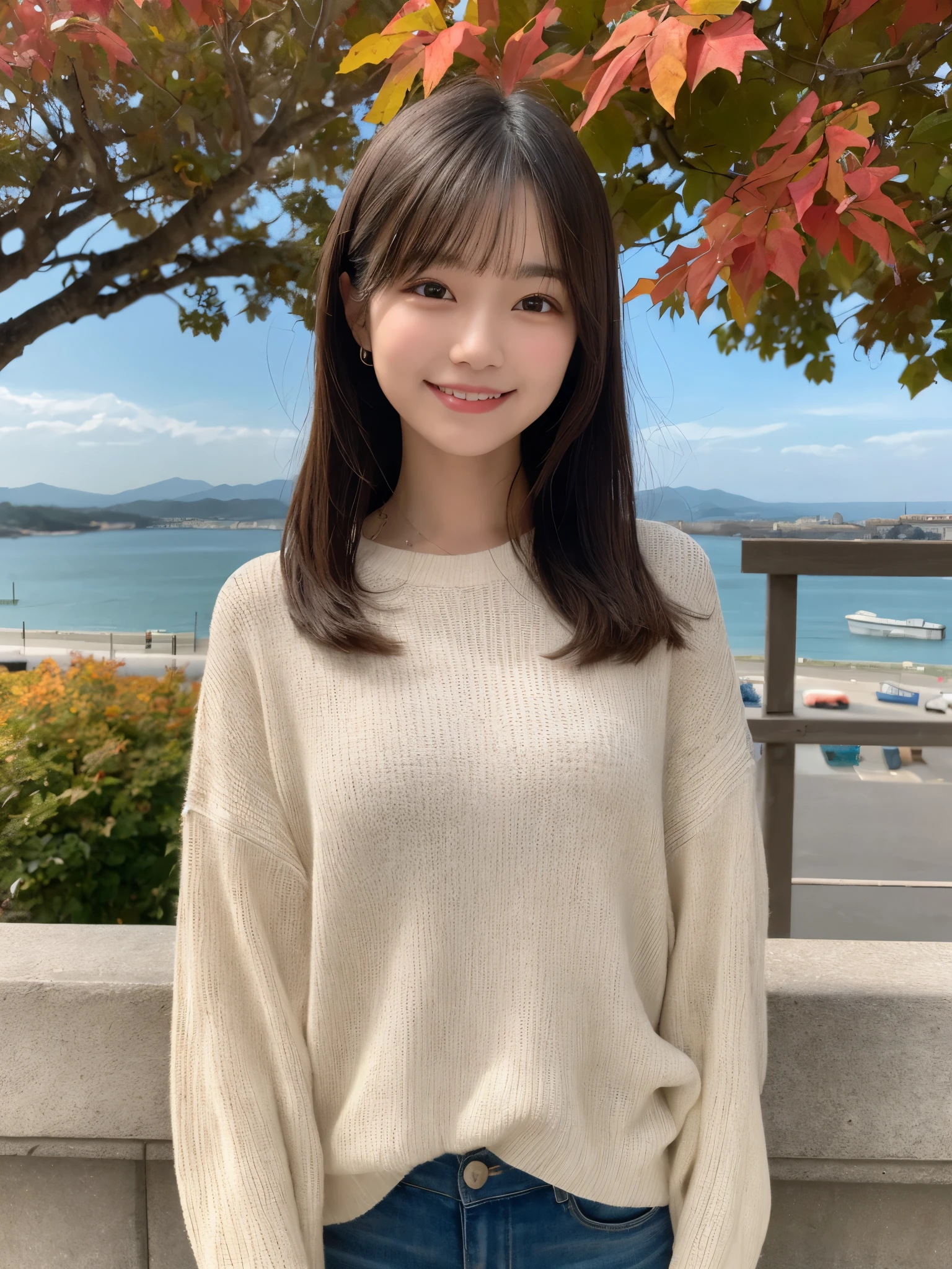 1girl, solo, highres, best_quality, masterpiece, detailed_background, intricate_details, beautiful, sendai, matsushima_bay, nature_view, ocean_view, autumn_clothes, casual_clothes, smile, looking_at_viewer, dynamic_pose, natural_pose, candid, happy