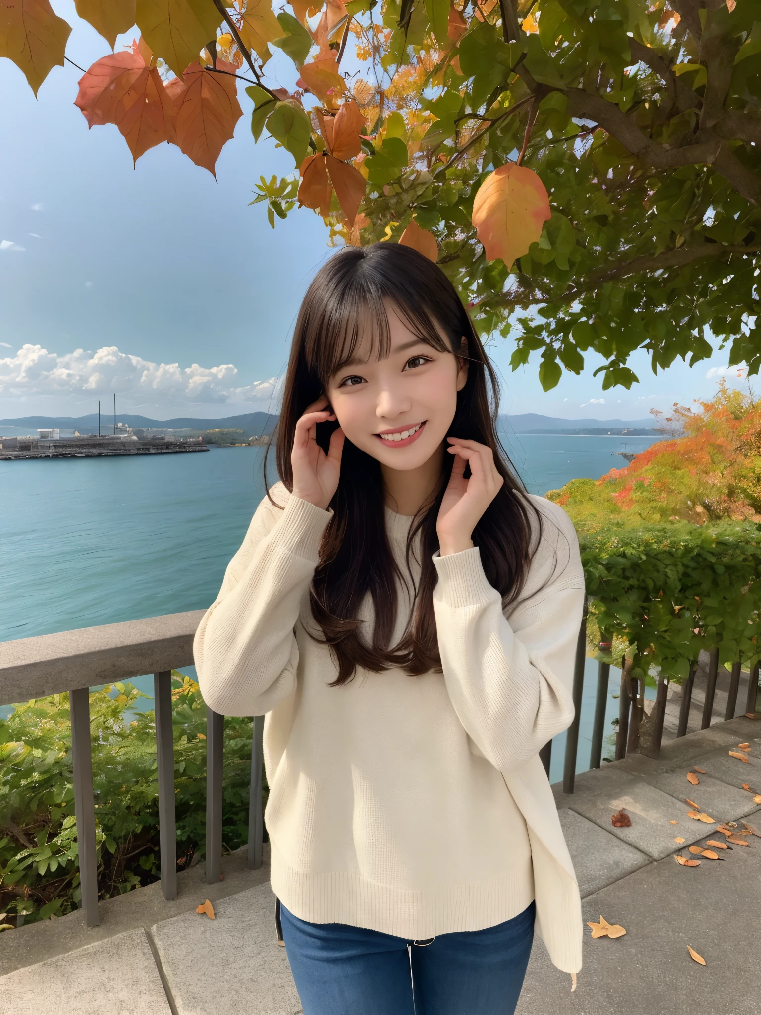  1girl, solo, highres, best_quality, masterpiece, detailed_background, intricate_details, beautiful, sendai, matsushima_bay, nature_view, ocean_view, autumn_clothes, casual_clothes, smile, looking_at_viewer, dynamic_pose, natural_pose, candid, happy