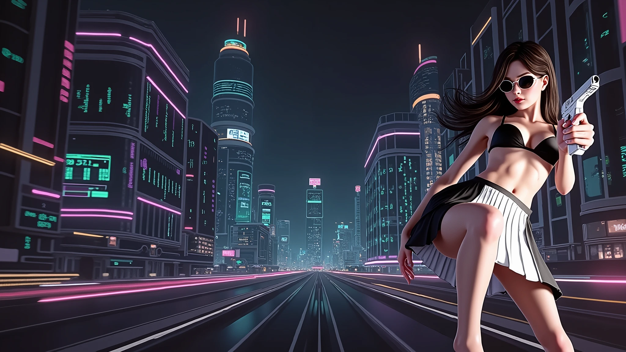 Matrix inspired futuristic cityscapes with colorful all-glass outlined towering skyscrapers with lightning, flying vehicle. High-resolution OLED GUI interfaces in the building, The windows are filled with transparent data visualization infographics that show it all, very close-up green glowing cascading code. Colors are saturated and vibrant. At night, (1 female assassin crouching on a skateboard, solo, alone), photorealistic, large-breast slim:0.6 body, oval:0.5 face, black mini bra, cleavage:1.1, deep-v, very low angle view of black pleated miniskirt, white panty, (upskirt), glove, (Matrix style black micro sunglasses), (aiming viewer with a short gun), dynamic skateboard jumping pose, (full-body thigh level close-up:2.0 shot), cinematic lighting, ray tracing, motion blur background.