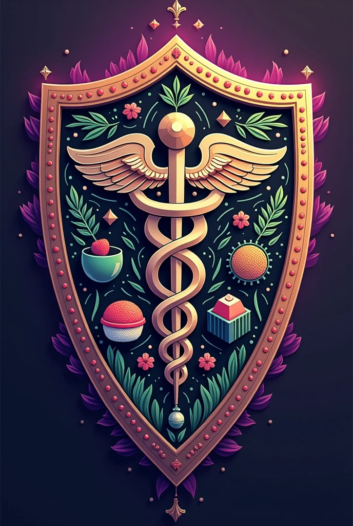 Shield with the colors purple, black, green, red, blue, grey, with the main topic of nursing chool and adding the topics of cooking, crochet, futbol, money, hanging out and sushi