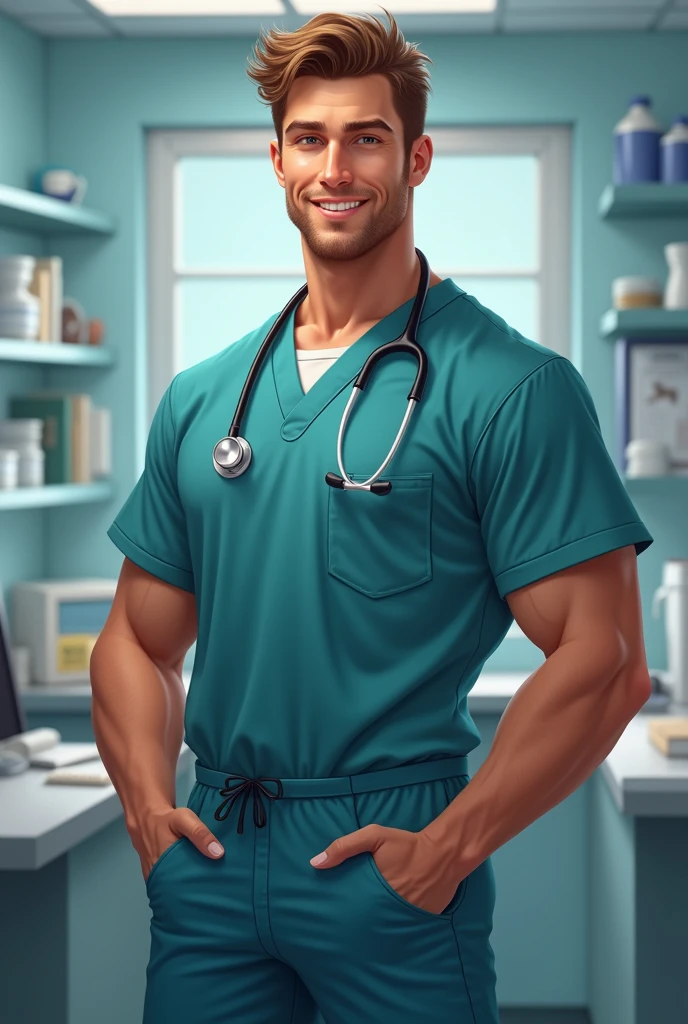 A handsome 2 young man. Athletic and tall. With veterinary outfit. veterinarian, tiene una exprewion anas