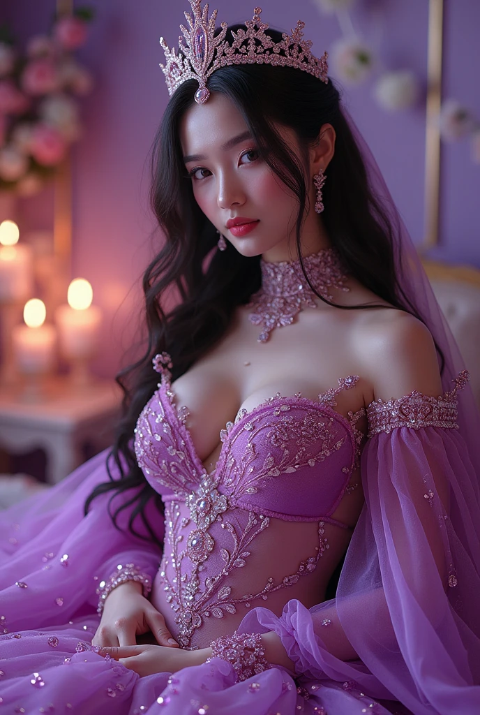 ((Highest quality、Flying debris、8k、Best image quality、Extremely intricate and detailed))、(The most gorgeous high end whore goddess:1.1)、(The most gorgeous prostitute goddess in huge costume:1.1)、The most vibrant and luxurious prostitute costumes、(An unimaginably luxurious goddess' room:1.1)、(Sparkly purple and pink princess room:1.1)、The most luxurious purple and pink room、Purple and pink gemstones、A glittering room decorated with many jewels、Night room、Very intricate decoration、A very transparent goddess' room、look at me、Perfect Makeup、Long eyelashes、lipstick、Pink Eyeshadow、Perfect Anatomy、Captivating smile、Ultra-high definition glossy skin、Ultra-high definition glossy lips、Ultra HD Hair、Ultra high definition beauty face、Ultra-high definition sparkling eyes、Long Hair naked nude full body aroused armpit