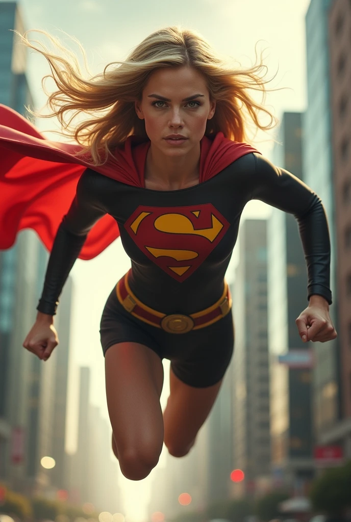 superhero woman resembling young Jennifer Aniston in flight, rushing to help
