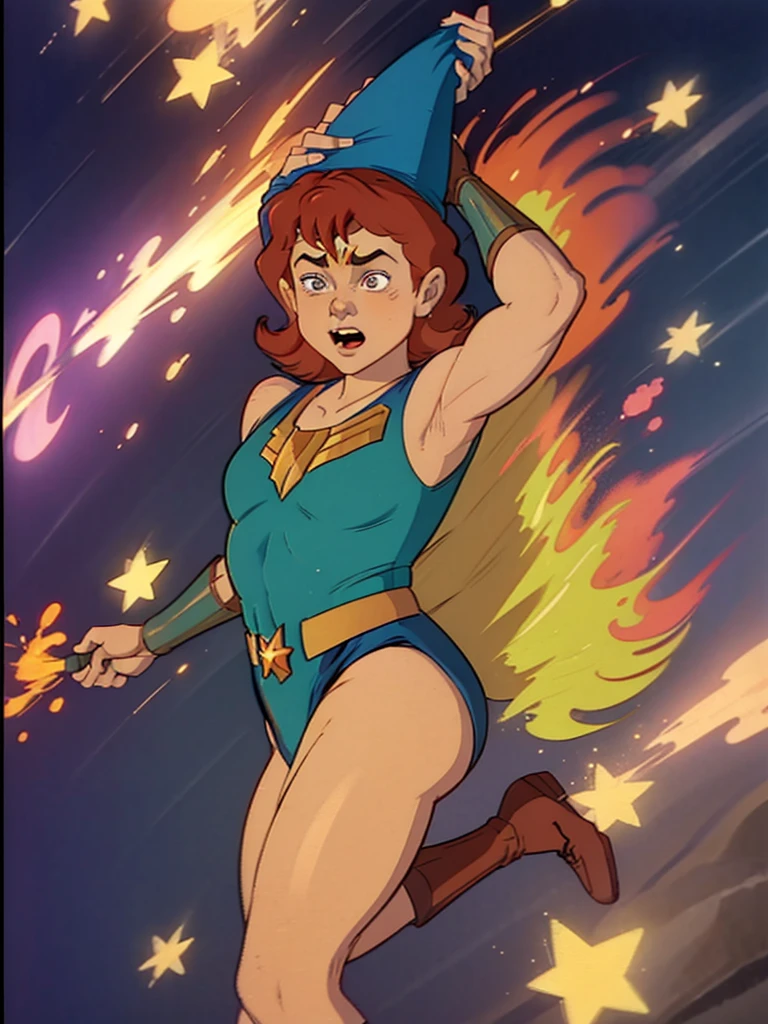 a redhead cartoon character, wonder woman outfit, green leotard, very muscular, male wizard, 1980s cartoon, animated episode still, Presto (((mad))), ((Wears a wizard hat))