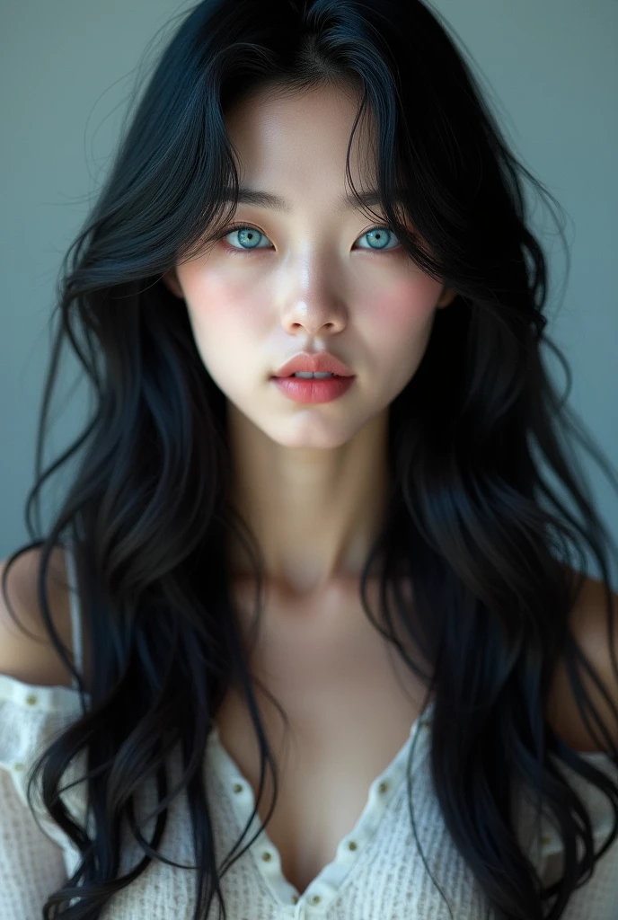 Korean blue eyes, with angelic face, long black hair, with rock style and perfect body, photo from realia