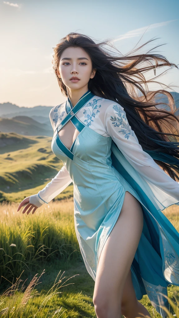“In the midst of an expansive, windswept grassland under a wide-open sky, a fierce female warrior is performing a powerful dance with her massive blue sword. Her long, flowing blue hair moves gracefully with each of her swift and fluid motions, while her intense blue eyes reflect her deep focus and inner strength. She is clad in stunning blue armor, adorned with intricate white patterns that catch the sunlight, making her shine against the backdrop of endless green fields. The sword, nearly as tall as she is, gleams with mystical energy, slicing through the air with precision as she executes a series of complex, graceful moves. The scene captures the beauty and power of her dance, with the tall grass swaying gently around her, creating a mesmerizing blend of elegance and strength in this serene yet dynamic setting.&quot;High resolution, accurate, High-resolution model, high quality, Textured skin, Ultra high definition, Very detailed, High detail, 最high quality, Anatomically correct, 
