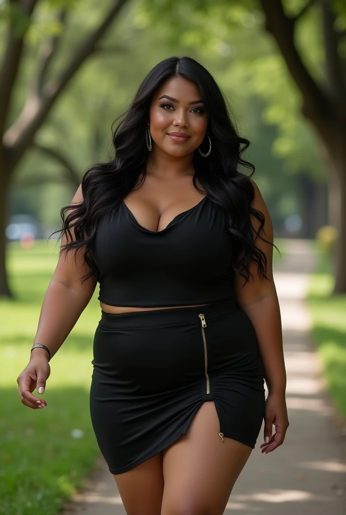 Imagine creates an exotic plus size Honduran model. light-skinned with long dark hair. sad eyes, small mouth, compassionate smile. very long wavy hair round face flat nose. Full and plump lips dressed in a black miniskirt and high heels walking in a park