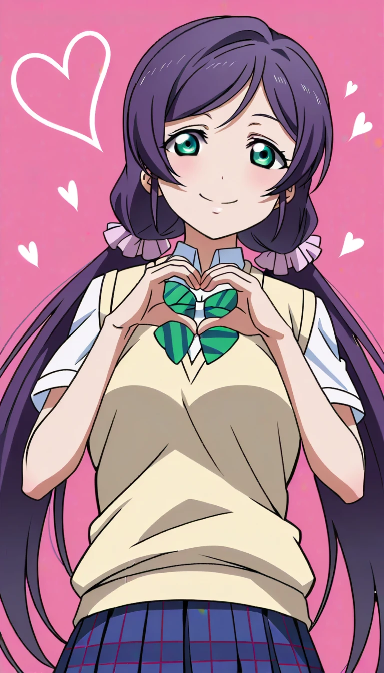 Score 9, Score 8 up, Score 7 up, The evaluation is questionable,
Detailed Background, Glowing Skin,nozomi toujou, green eyes, purple hair, twintails, low twintails, scrunchie, long hair,otonokizaka school uniform, pleated skirt, school uniform, short sleeves, skirt, summer uniform, sweater vest, yellow sweater vest,whole body,girl, Grab your chest, smile, Cleavage, Heart with hands placed in front of chest, Browsing Caution