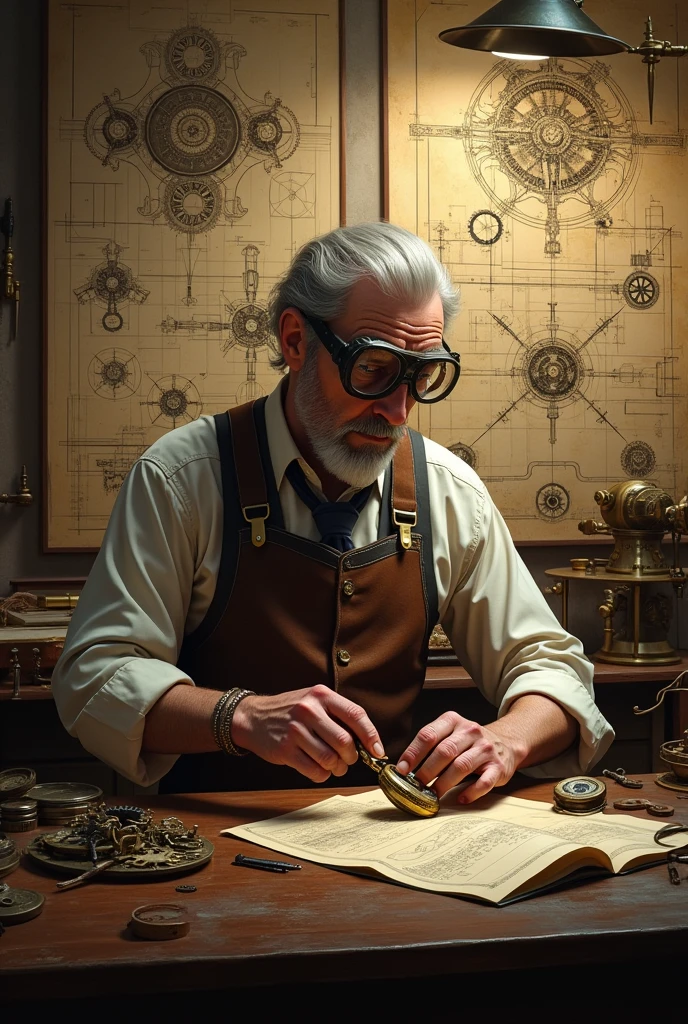 Classic steampunk watchmaker in front of a wall full of sketches
