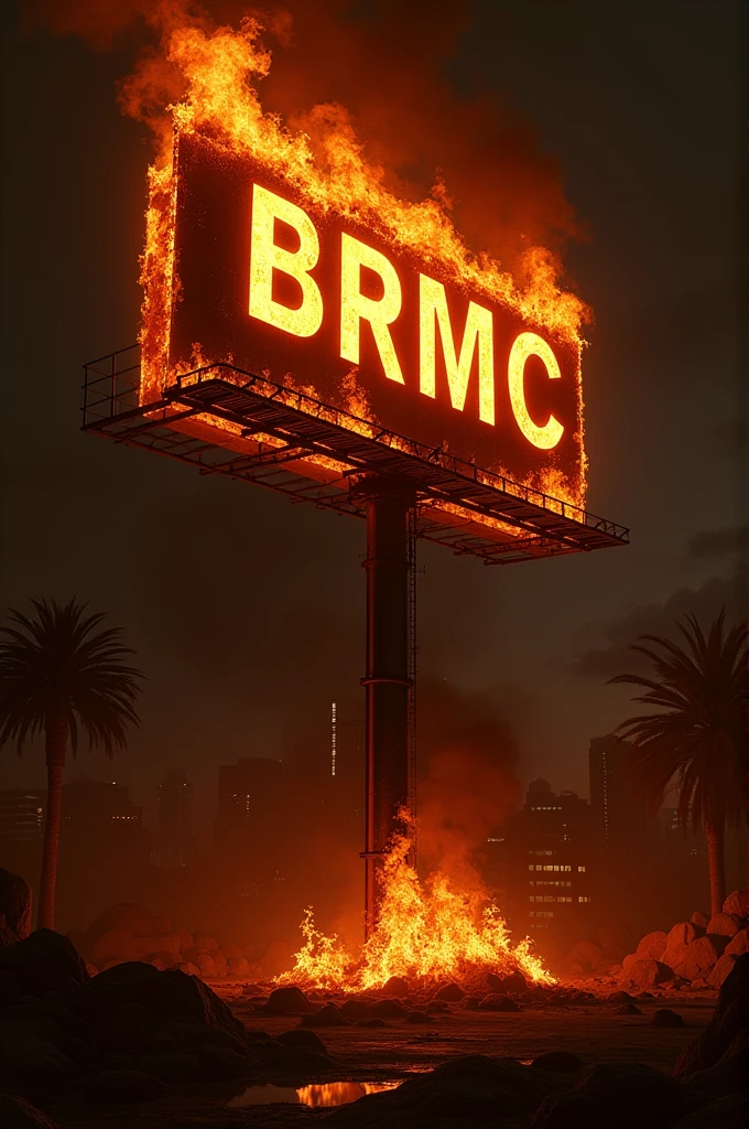 Grand panneau publicitaire en feu avec marqué BRMC