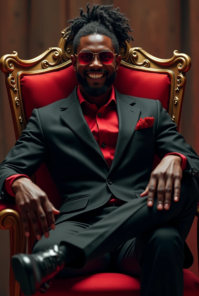 tall black man. 1 meter and 90 with curly hair with braids and ponytail and with a black suit with red details on the suit, smiling with vampire fangs showing and large appearing, he is wearing black glasses with red lenses, he will be on a throne with his leg crossed with one hand stretching his mouth and showing his fangs.