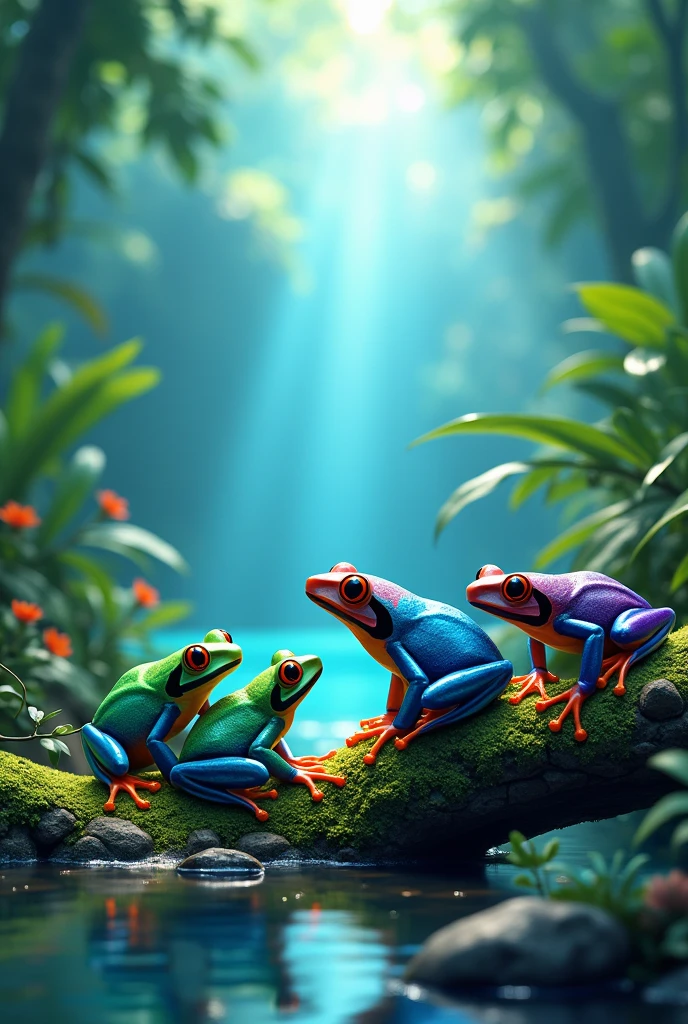 colorful poison dart frogs, beautiful detailed blue sky, beautiful lush green rainforest background, beautiful lake, sunlight rays, 5-6 frogs, highly detailed, 8k, photorealistic, vivid colors, natural lighting, award winning