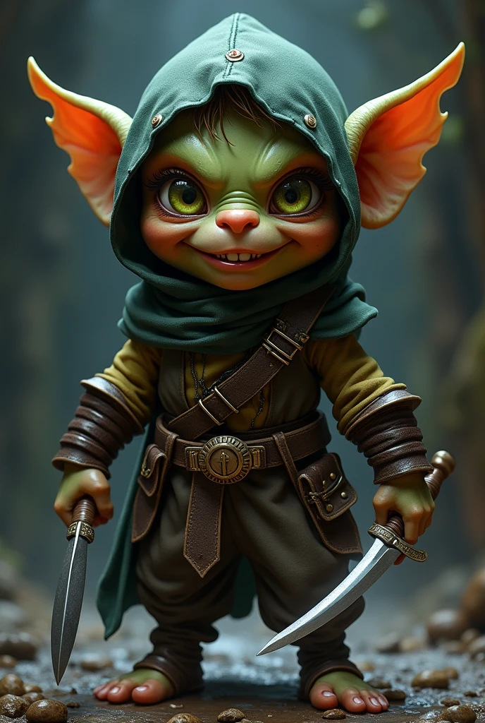 Goblin rogue with twin daggers. She has a cute face, but an evil grin.