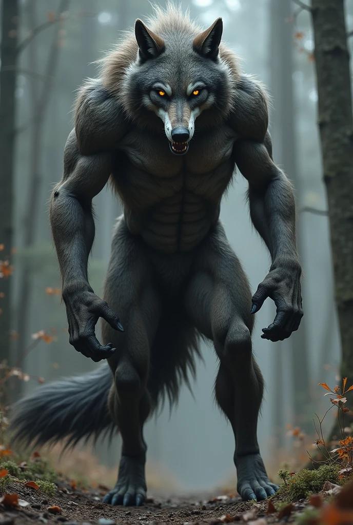 A werewolf, tall and menanciling, with a dick.