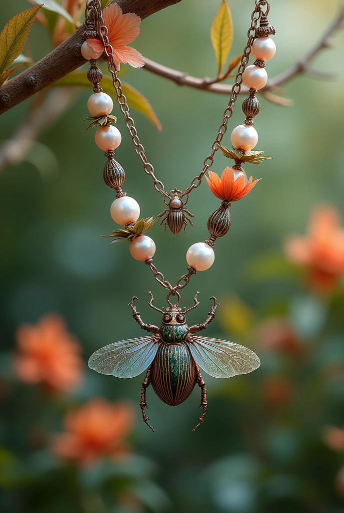 Necklaces and bracelets with pearls, beetles and flowers