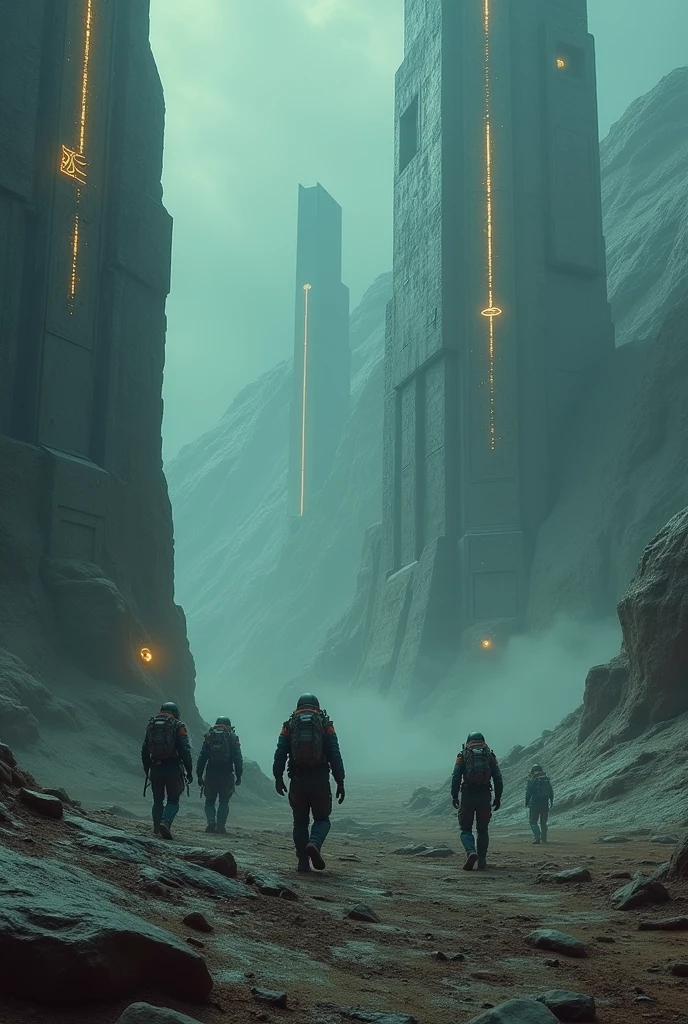 -A tense sci-fi movie scene set on a desolate planet, featuring towering alien architecture, flickering neon lights, and a group of human explorers. Atmospheric lighting, detailed textures, and hyper-realistic rendering bring the scene to life, while a sense of danger and tension permeates every frame. , cinematic movie by Andrei Tarkovsky , Janusz KamiÅski