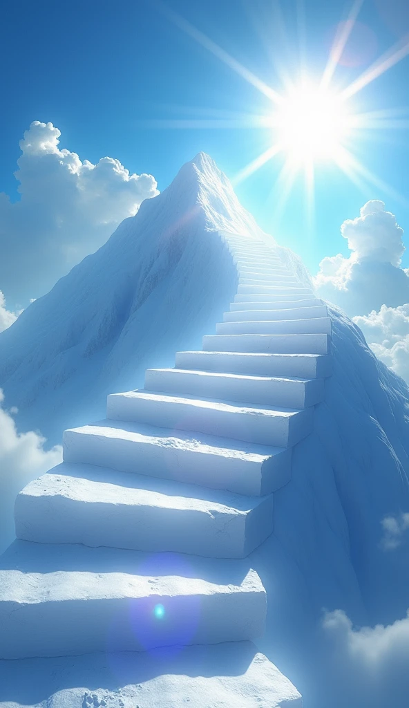 The image is a staircase leading up to the top of a mountain. The staircase is made up of white steps that lead up to a bright light that is shining through the clouds. The sky is a deep blue with white clouds scattered throughout. The sun is shining brightly in the top right corner of the image, creating a ray of light that illuminates the scene. The clouds are white and fluffy, and the stairs are a light blue color. The image has a dreamy and ethereal quality to it.