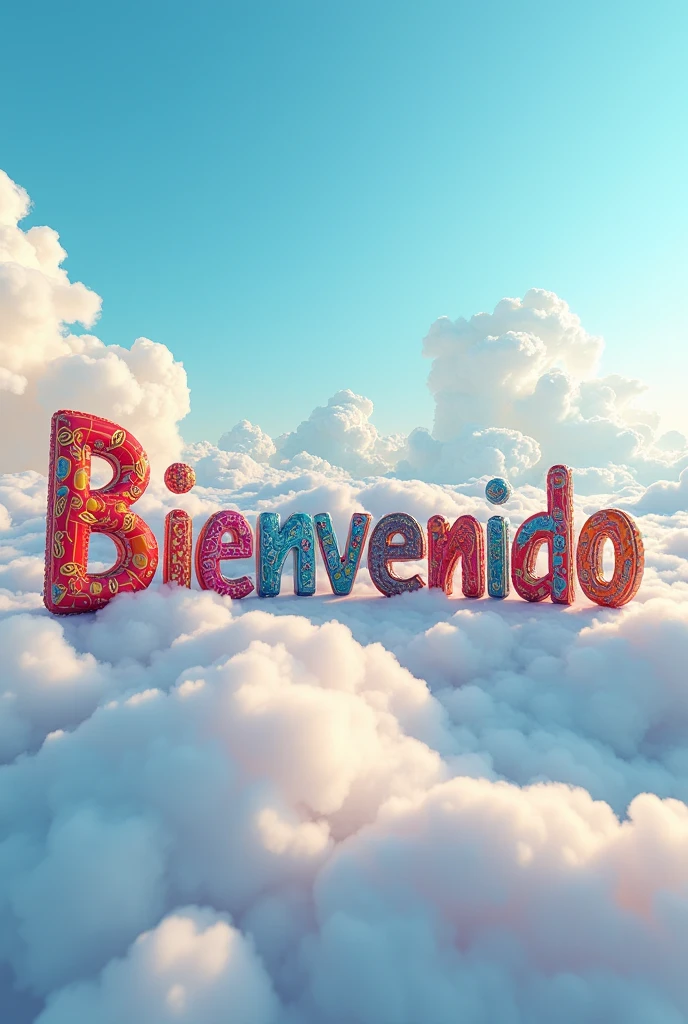 Letters that say Welcome with the sky in the background in Spanish