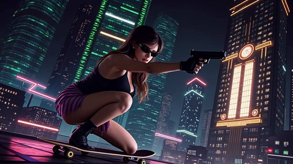 Matrix inspired futuristic cityscapes with colorful all-glass outlined towering skyscrapers with lightning, flying vehicle. High-resolution OLED GUI interfaces in the building, The windows are filled with transparent data visualization infographics that show it all, very close-up green glowing cascading code. Colors are saturated and vibrant. At night, (1 female assassin crouching on a skateboard, solo, alone), photorealistic, large-breast slim:0.6 body, oval:0.5 face, black mini bra, cleavage:1.1, deep-v, very low angle view of black pleated miniskirt, white panty, (upskirt), glove, (Matrix style black micro sunglasses), (aiming viewer with a short gun), dynamic skateboard jumping pose, (full-body thigh level close-up:2.0 shot), cinematic lighting, ray tracing, motion blur background.