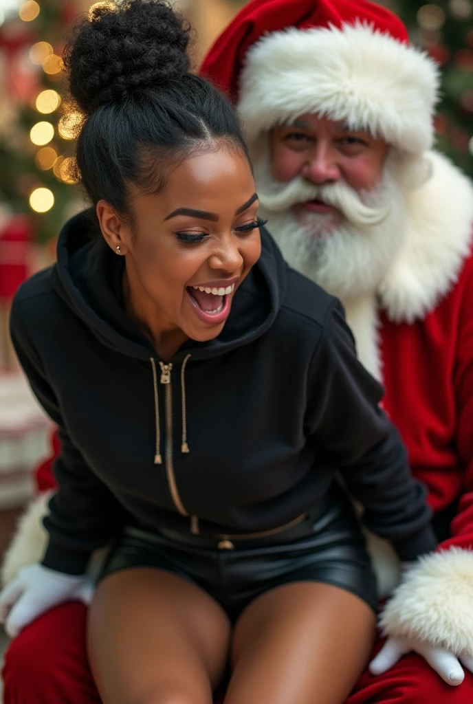 black woman hair in a bun black hoodie black leather short shorts butt cheeks showing excited and eyes wide open on her face setting in santa claus lap at the mall 8k