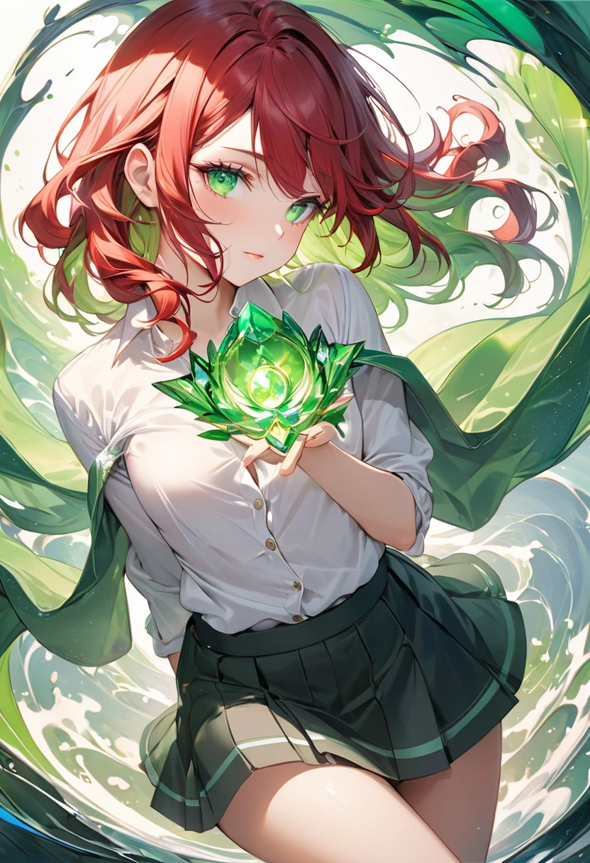 a 1 girl, Full body photo, with a slim and elegant figure, She wears a schoolgirl uniform that highlights her youthful beauty.: a short skirt that highlights her thinness and an unbuttoned white blouse. Her wavy red hair falls in soft waves over her shoulders., Framing a delicate face. his eyes, big and green like emeralds, They have a captivating depth, surrounded by long eyelashes that intensify their look. Her light, slightly rosy skin further accentuates her charm., making her a vision of vibrant, youthful beauty.